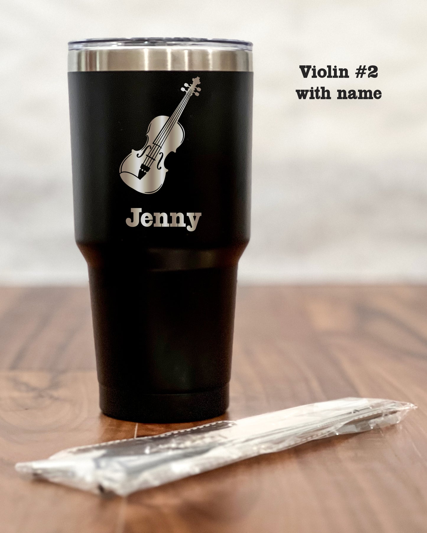 30 ounce Black Tumbler with engraved Violin