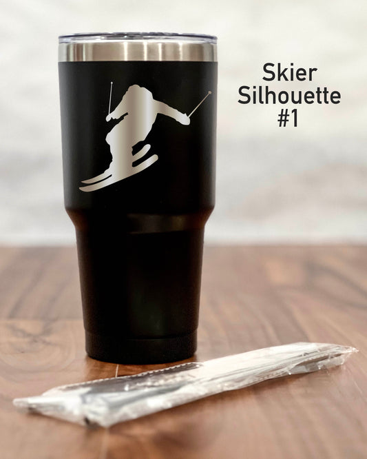 30 ounce Black Tumbler with a Skier or Snowboarder silhouette