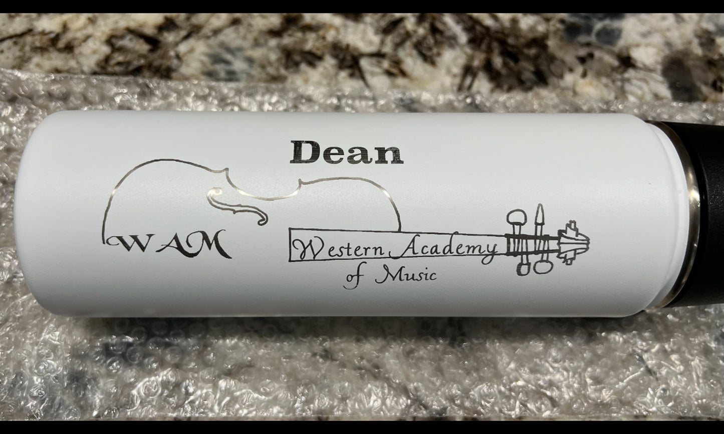 Western Academy of Music Water bottle with logo and name.