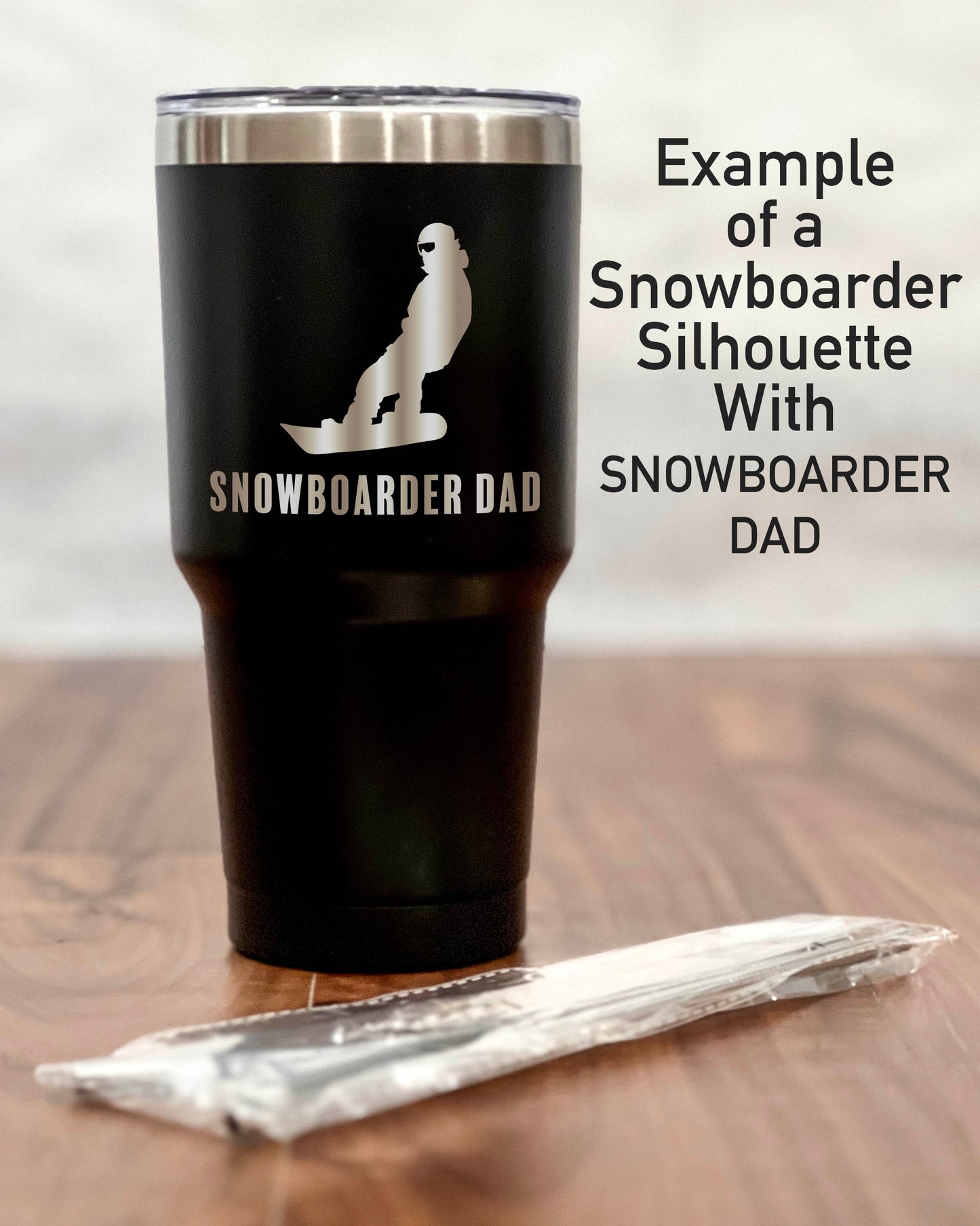 30 ounce Black Tumbler with a Skier or Snowboarder silhouette