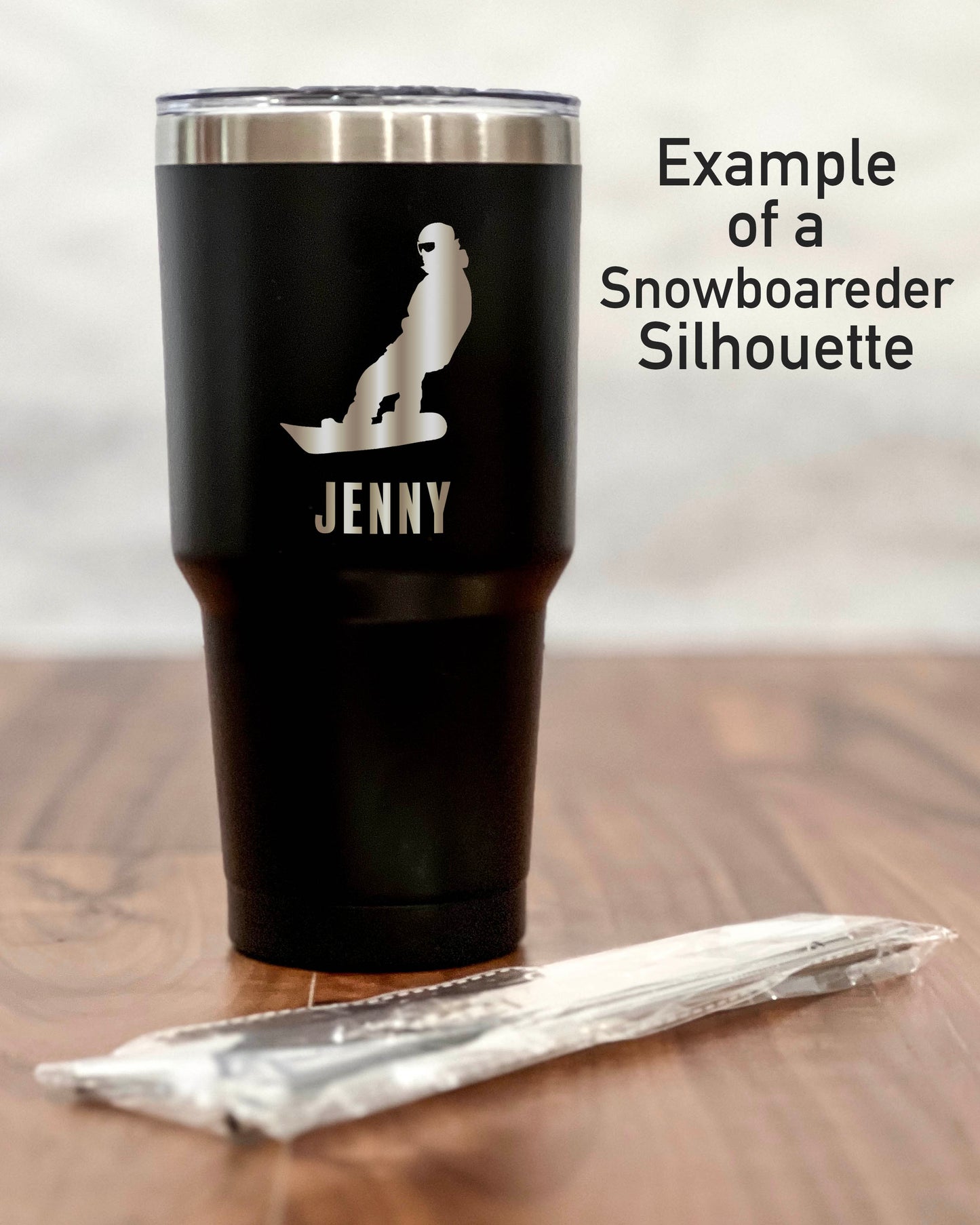 30 ounce Black Tumbler with a Skier or Snowboarder silhouette