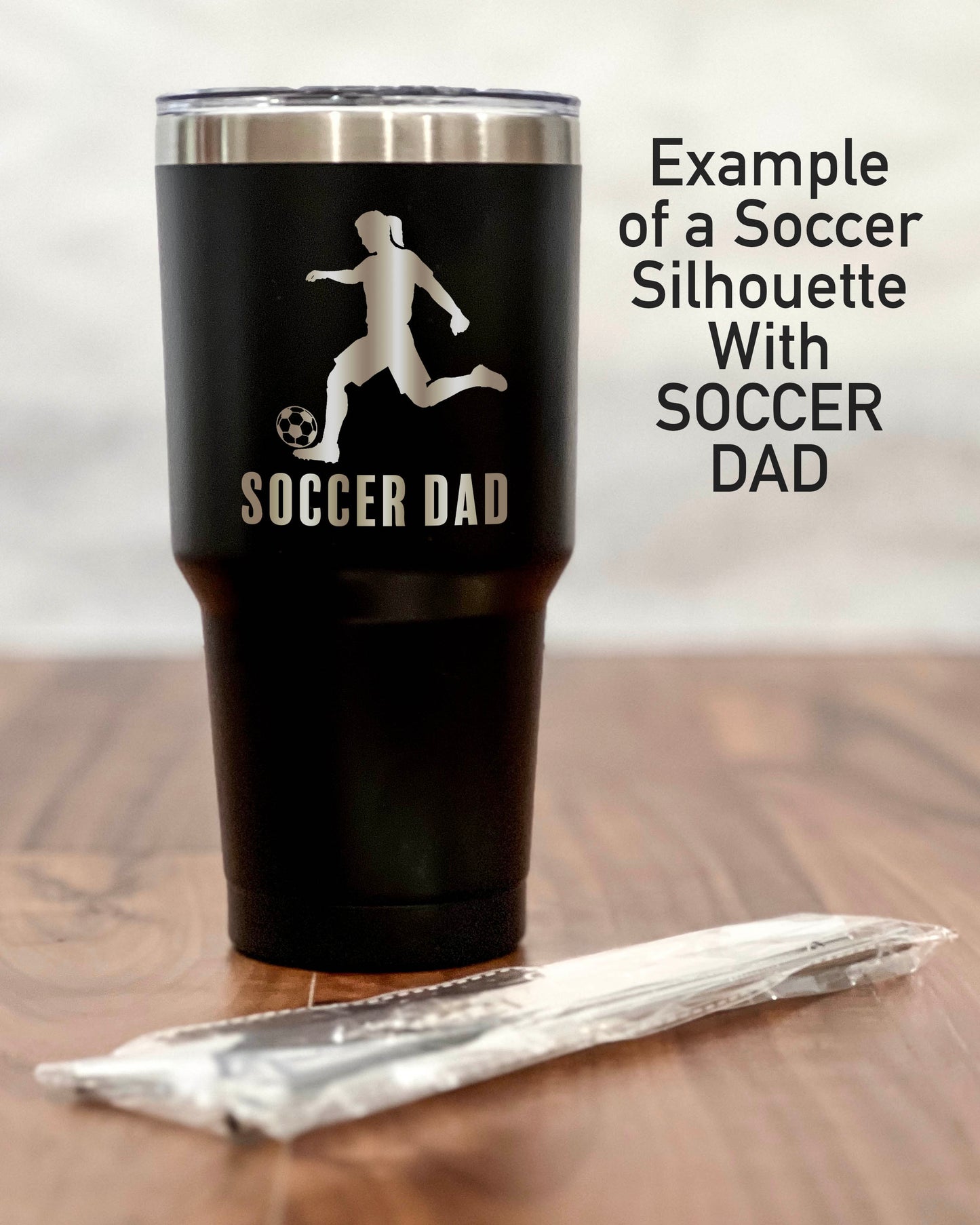 30 ounce Black Tumbler with a Soccer player silhouette