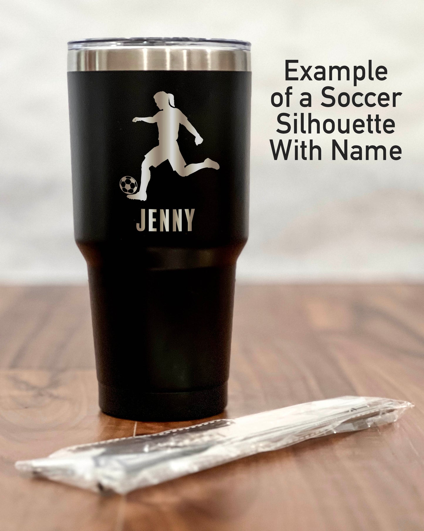 30 ounce Black Tumbler with a Soccer player silhouette