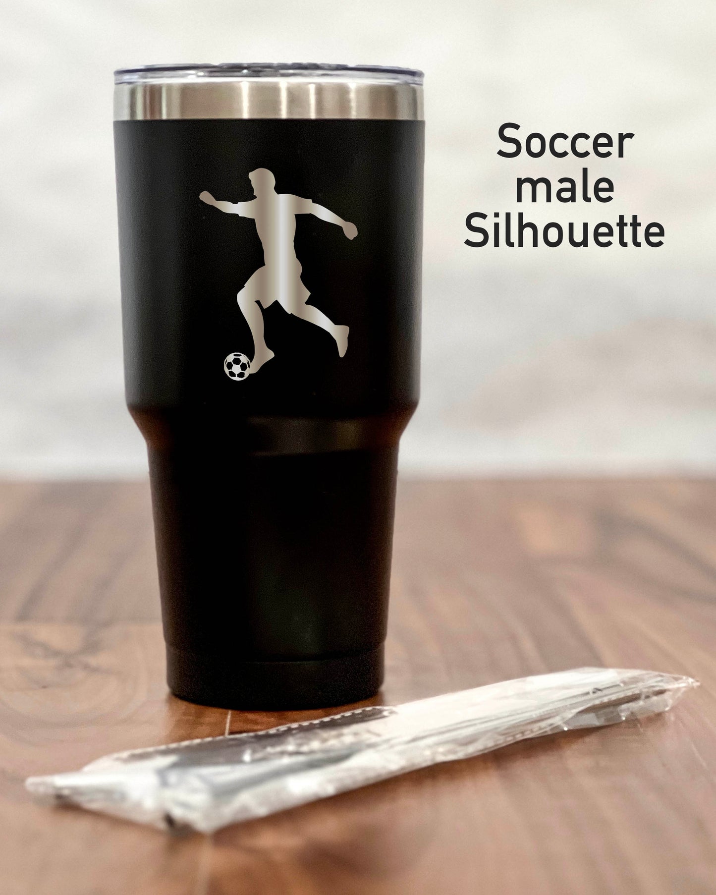 30 ounce Black Tumbler with a Soccer player silhouette
