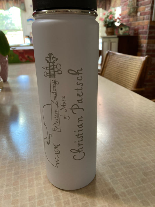 Western Academy of Music Water bottle with logo and name.